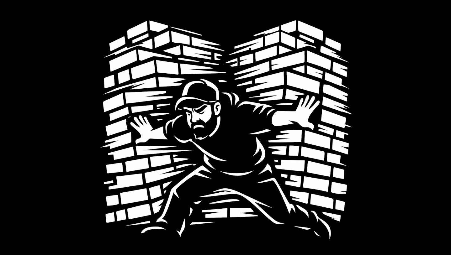 Black-and-white illustration of a bearded man in a baseball cap with the letters AI as his eyes while binary and matrix-like code streams across his chest and hand, suggesting acceleration without stronger engineering judgment.