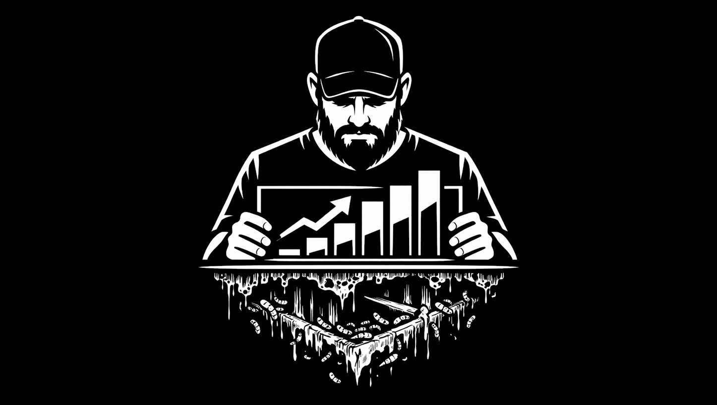 Black-and-white illustration of a bearded man in a baseball cap holding a panel with a rising bar chart and growth arrow; beneath the surface, a cross-section shows a dark cavity with writhing worm-like shapes, suggesting hidden decay behind polished metrics.