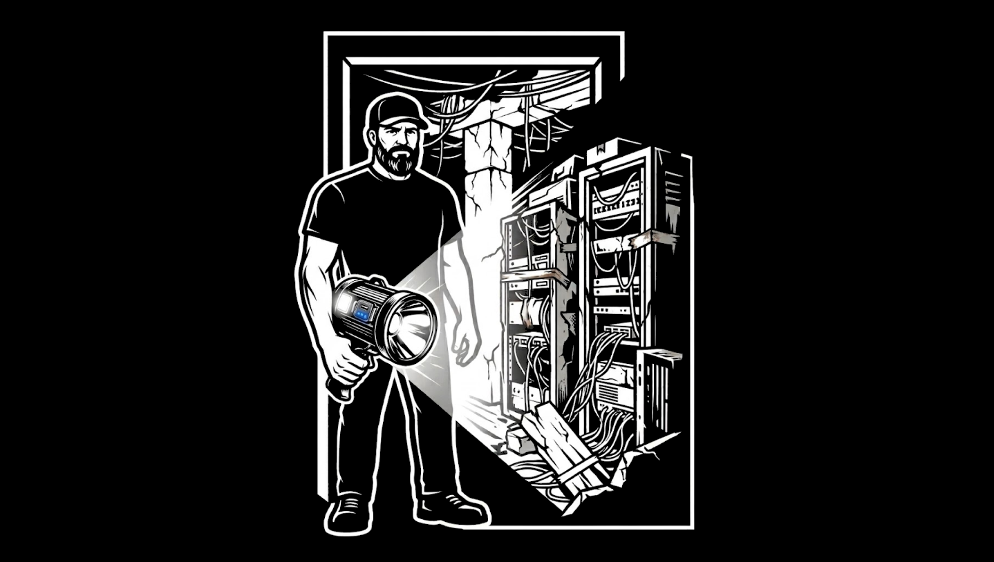 Black-and-white illustration of a bearded operator in a baseball cap shining a wide flashlight beam into a dark server room, revealing tangled cables, patched racks, and debris—suggesting long-hidden fragility suddenly lit up.