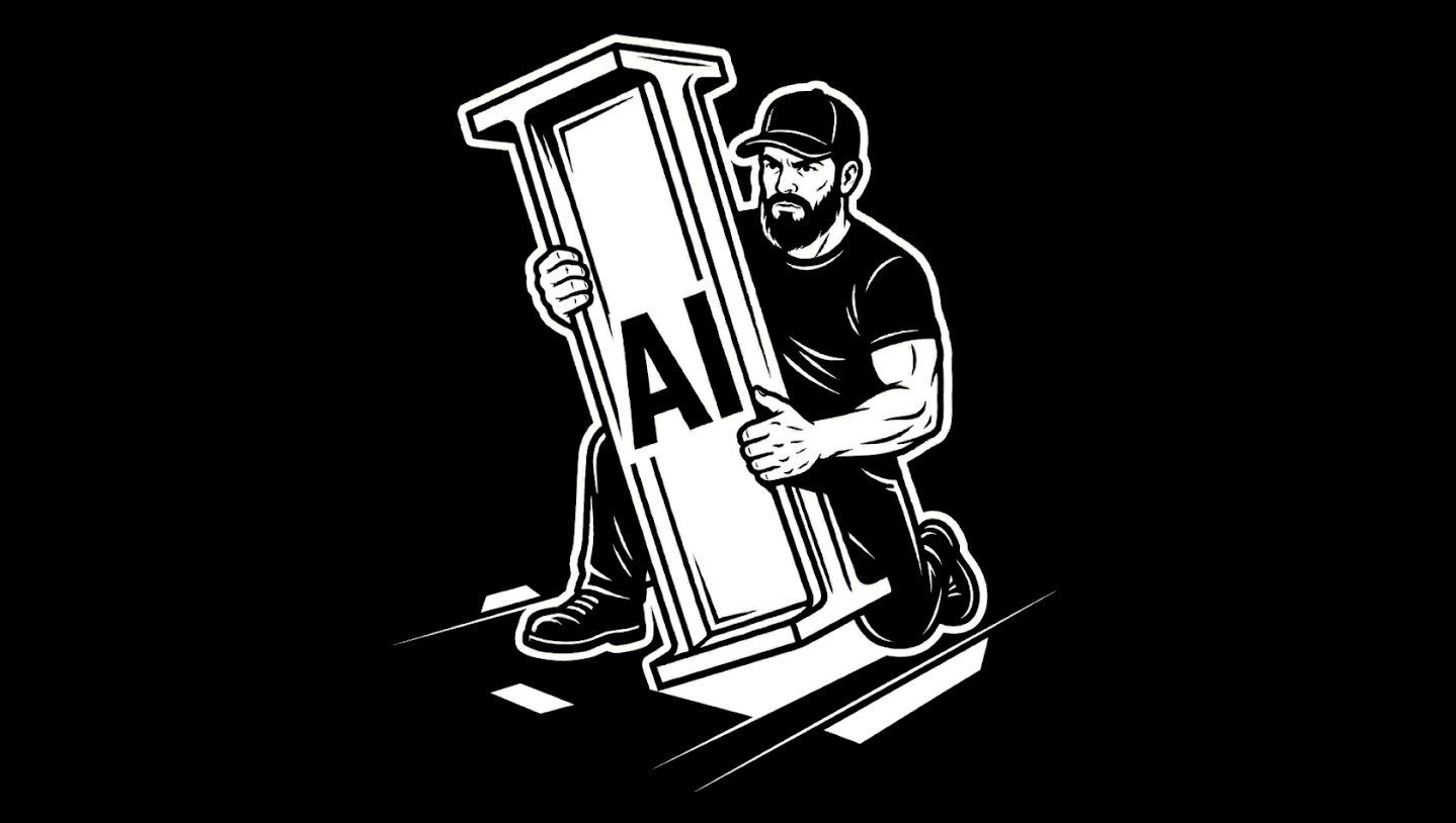 Black-and-white illustration of a bearded man in a baseball cap kneeling and steadying a massive column-shaped letter I with AI printed on its face, high-contrast vector style on a black background.