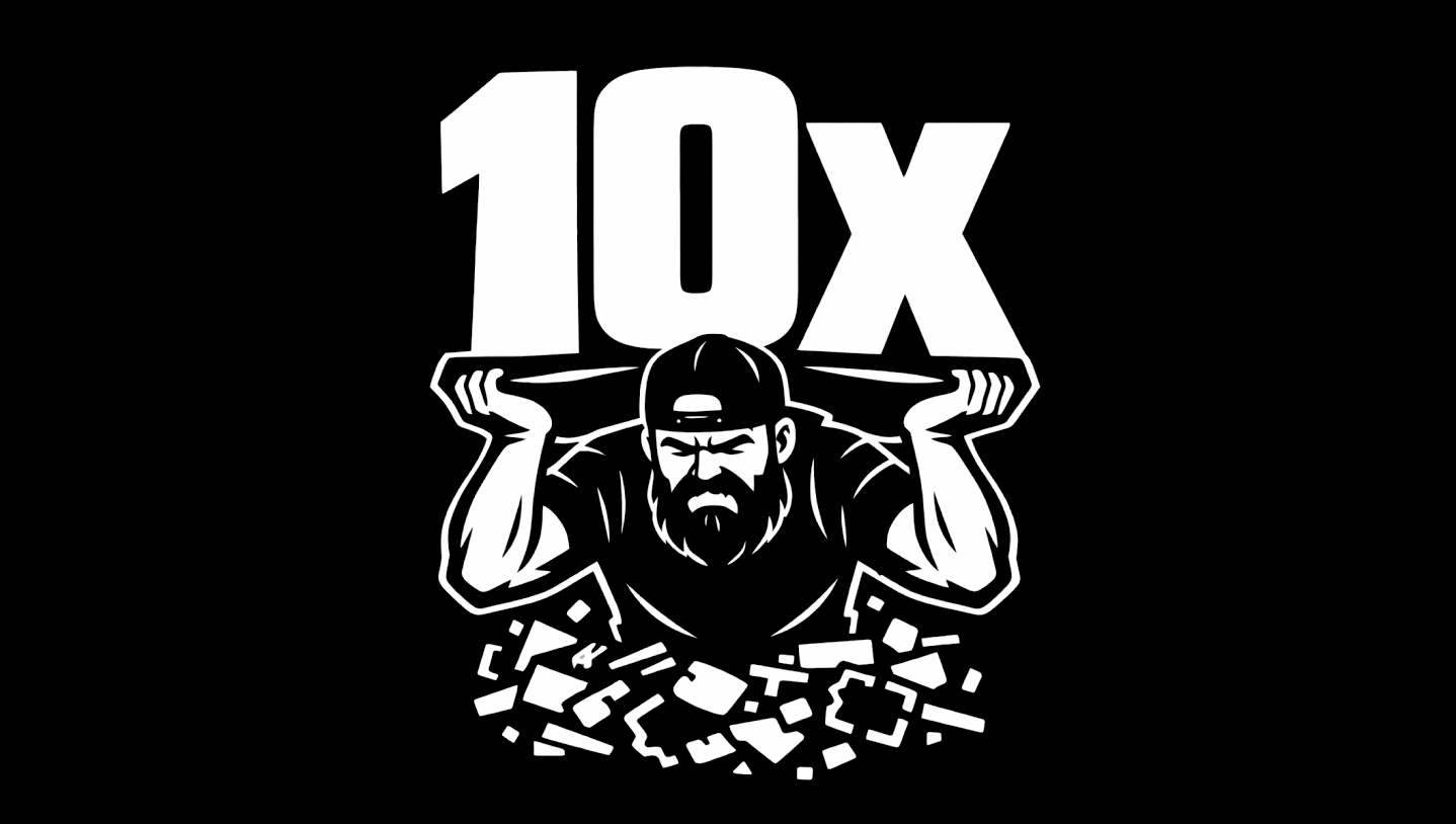 Black-and-white illustration of a bearded engineer straining under a giant 10x sign while standing over broken code fragments.