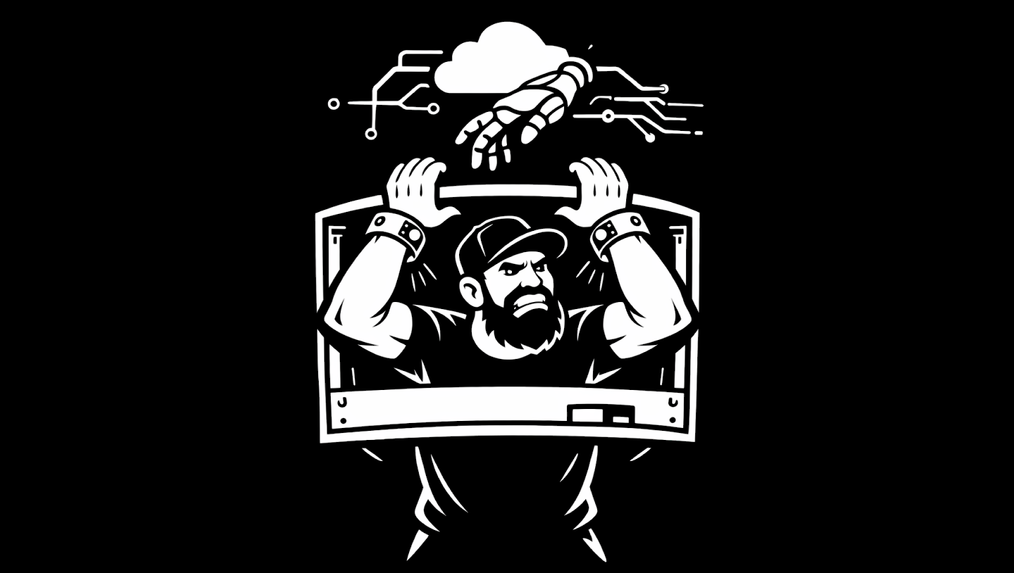 Black-and-white illustration of a bearded man in a baseball cap breaking out of a monitor frame while a robotic hand reaches from a cloud above circuit-board patterns, suggesting tension between everyday AI-assisted work and constrained interview tests.