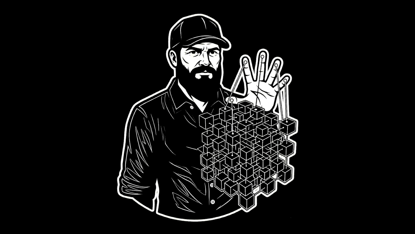 Black-and-white illustration of a bearded operator in a baseball cap at a desk with two contrasting panels: one side shows a simple search box and scattered snippets, the other shows a structured workflow board with connected blocks, suggesting AI as a designed system rather than a magic answer box.
