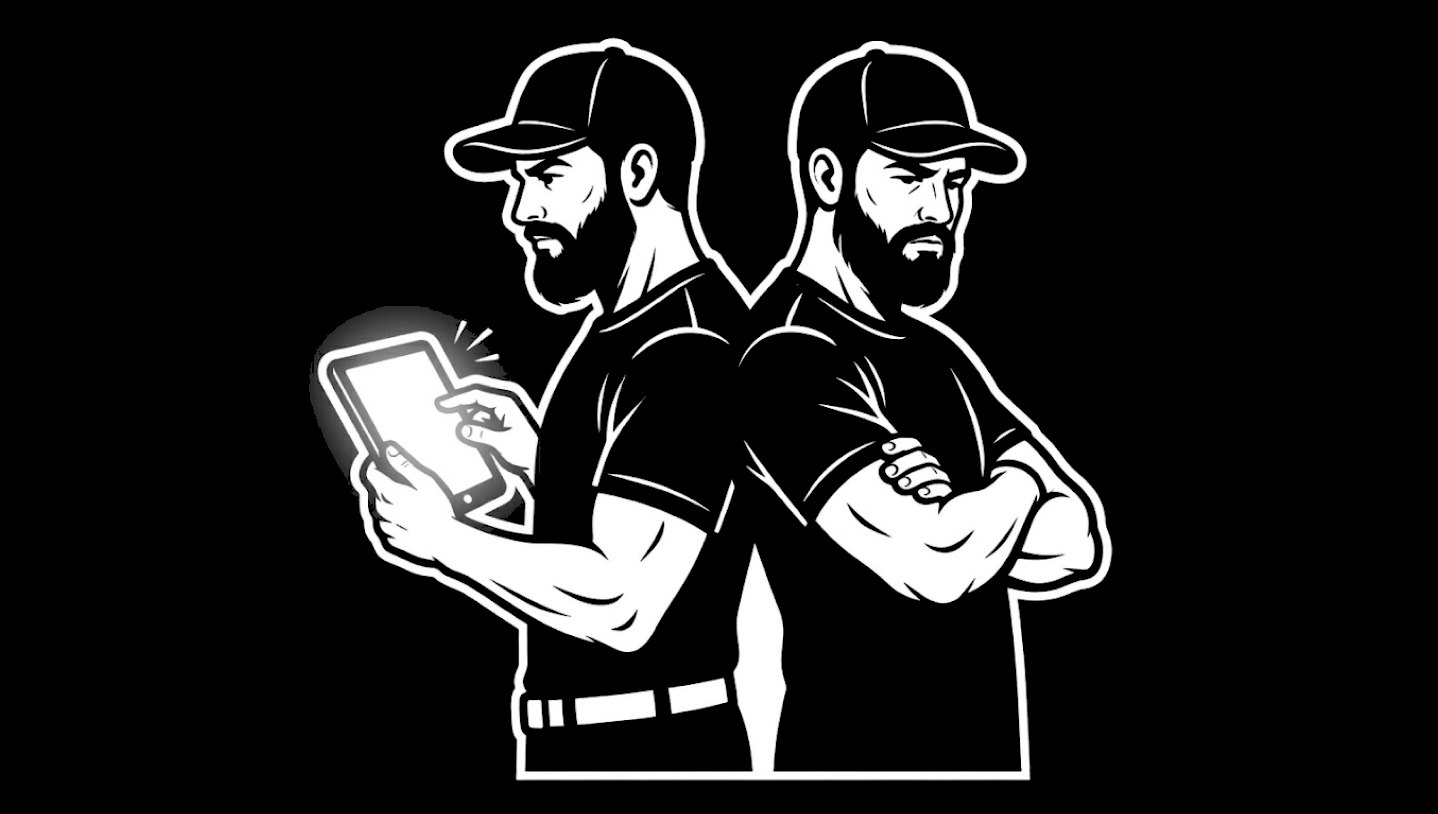 Black-and-white illustration of two identical bearded men in baseball caps standing back-to-back: one taps a glowing tablet, the other stands with arms crossed in a skeptical, arms-folded stance.