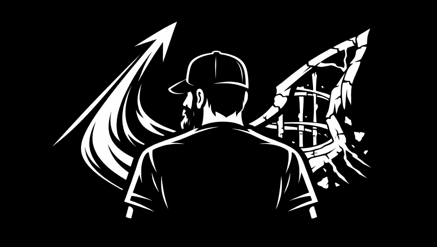 Black-and-white illustration of a bearded man in a cap seen from behind; on one side a bold arrow curves upward with speed lines, on the other a matching arc of cracked crumbling stone and falling fragments, suggesting the same force amplifying ascent and decay.