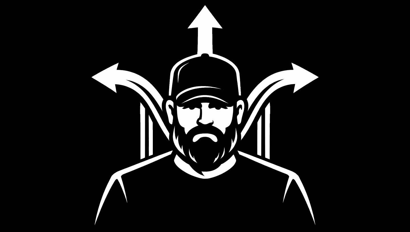 Black-and-white illustration of a bearded man in a baseball cap with three thick arrows behind his head pointing up, left, and right, suggesting diverging paths and inconsistency.