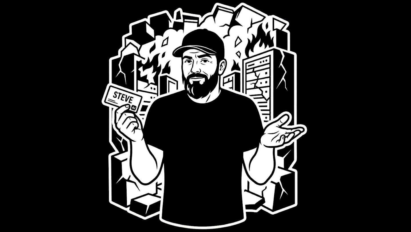 Black-and-white illustration of a bearded man shrugging in front of cracked servers and flames, holding a card labeled 'STEVE AI' to symbolize blame-shifting from one author to another.