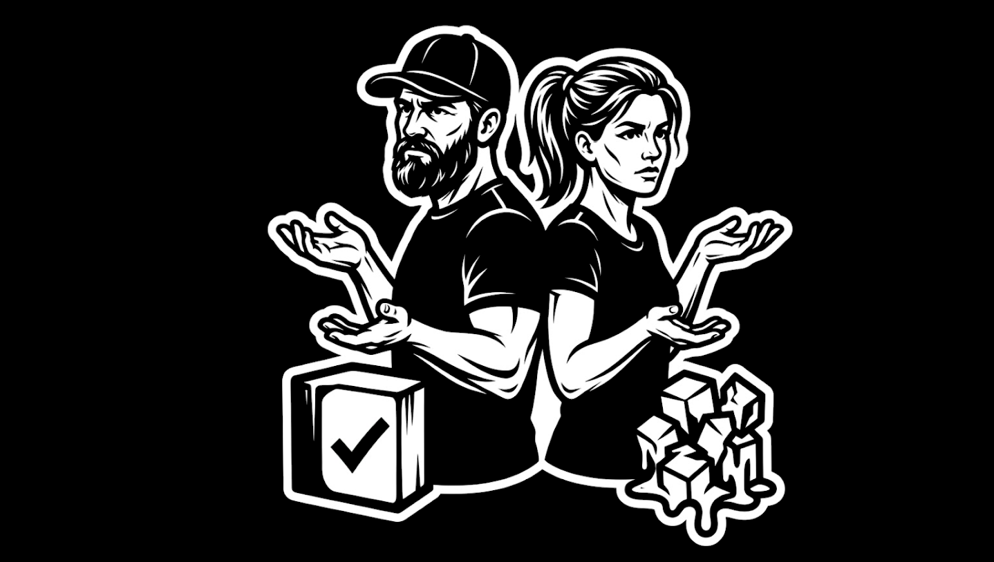Black-and-white illustration of a bearded man in a baseball cap and a woman in a ponytail standing back-to-back, both shrugging; he faces a solid cube with a checkmark, she faces a pile of crumbling blocks, suggesting the same abdication of judgment whether the source was votes or a model.