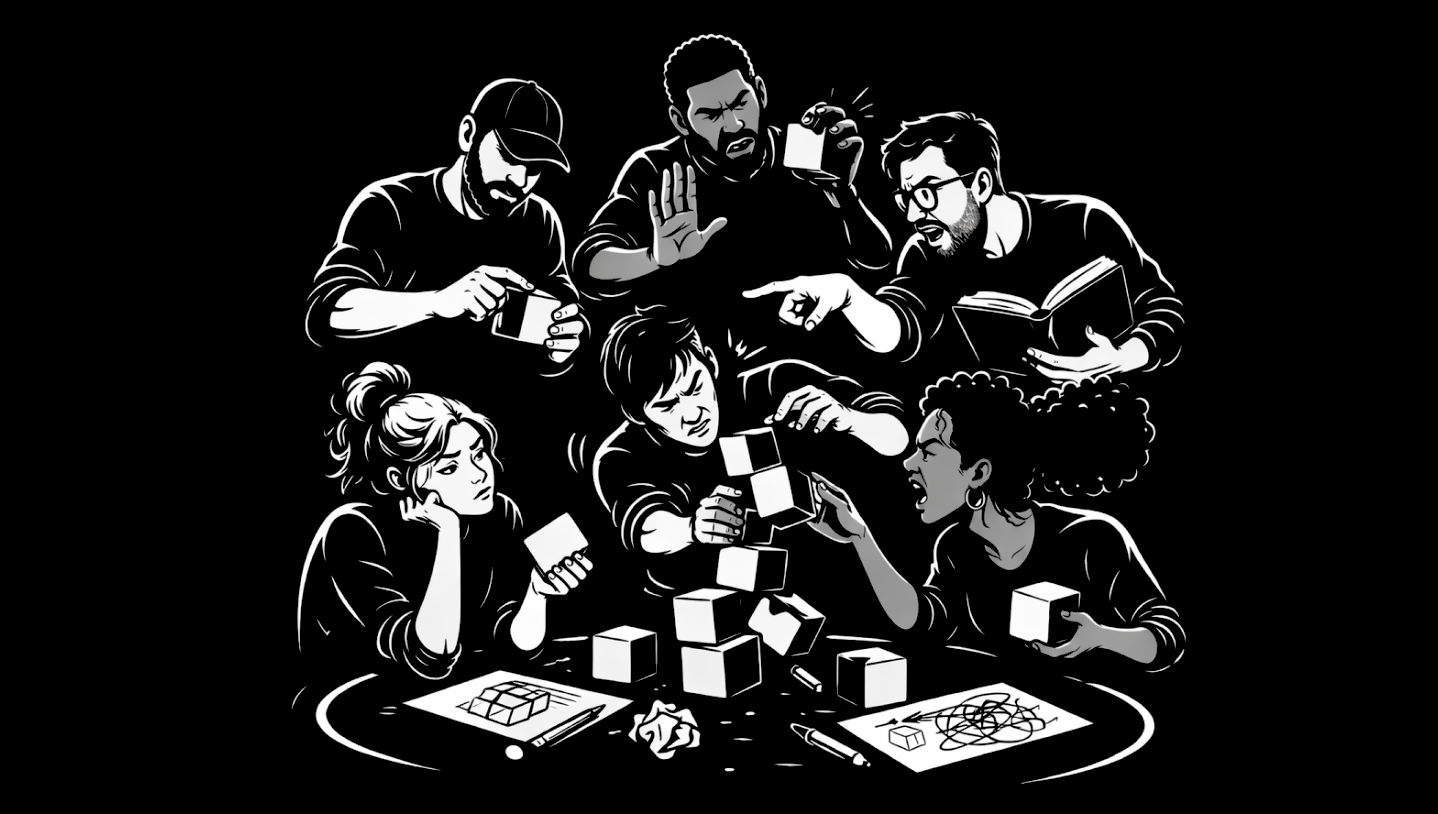 Black-and-white illustration of six people around a table reacting in conflicting ways—arguing, gesturing stop, studying a single block—while one person carefully stacks a shaky tower of white cubes; papers show both neat diagrams and messy scribbles, suggesting teams using the same pieces but not the same plan.