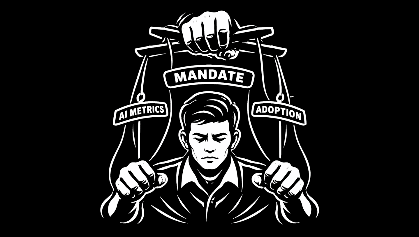 Black-and-white illustration of a man as a marionette, eyes closed and fists clenched, controlled from above by a large hand on a crossbar; banners on the strings read Mandate, AI Metrics, and Adoption.