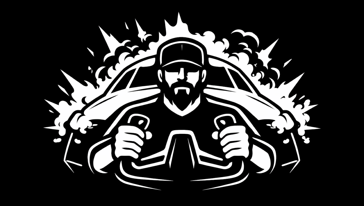 Black-and-white illustration of a bearded man in a cap gripping a racing-style steering yoke, a car silhouette behind him, surrounded by stylized smoke and jagged burst shapes.