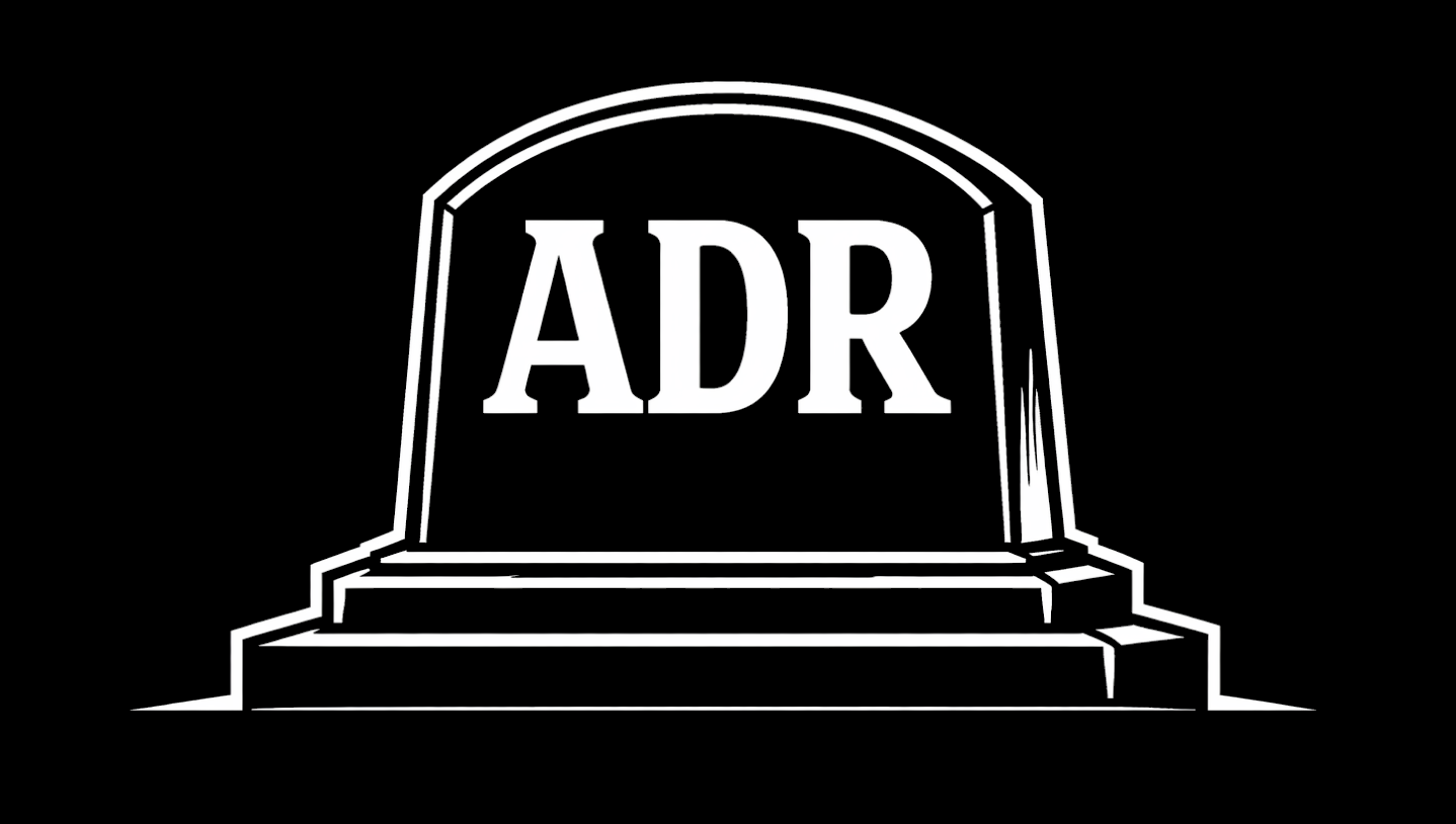 Black-and-white illustration of a tombstone with the letters ADR inscribed on it, evoking Architecture Decision Records that sit unused.