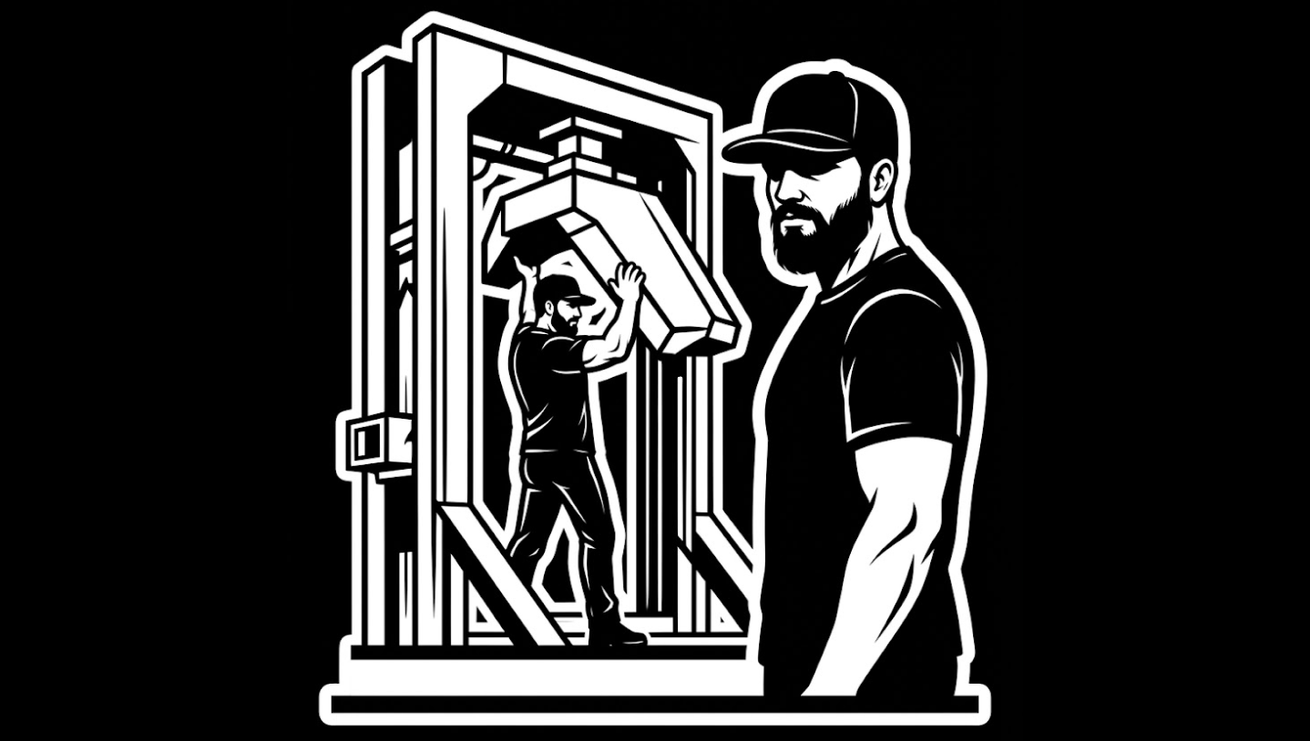 Black-and-white illustration of the same bearded man in a baseball cap shown twice: in the background he strains to maneuver a large angular part into tall industrial framing, while in the foreground a bust of him faces away with a serious, reflective expression; thick white border on black.