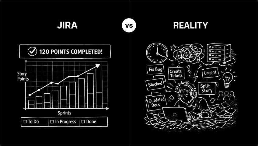 A Jira board with sticky notes falling off, illustrated in a minimalist line-art style