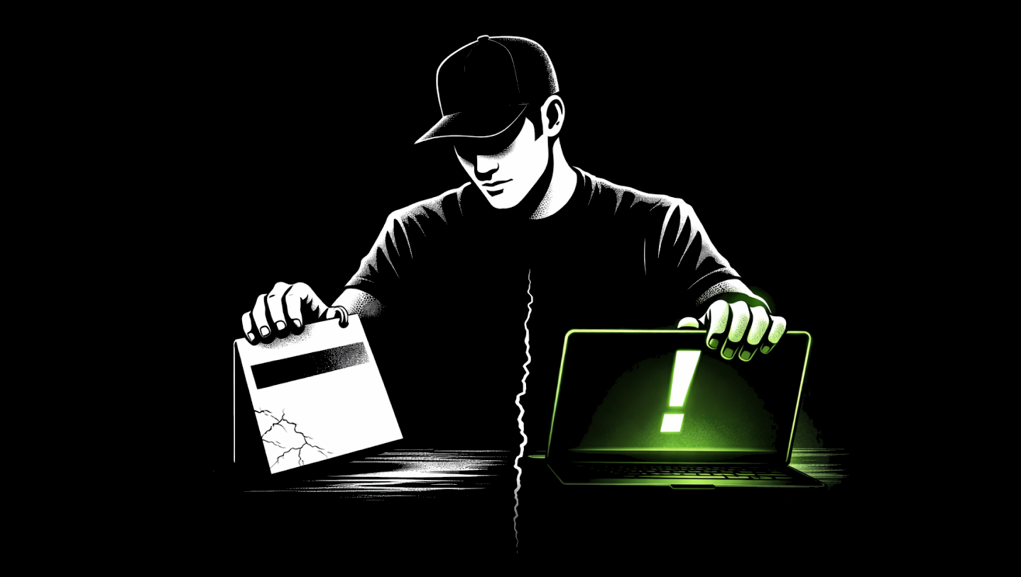 A person in a cap holding a cracked calendar beside a glowing laptop with an exclamation mark, split down the middle in black and green.