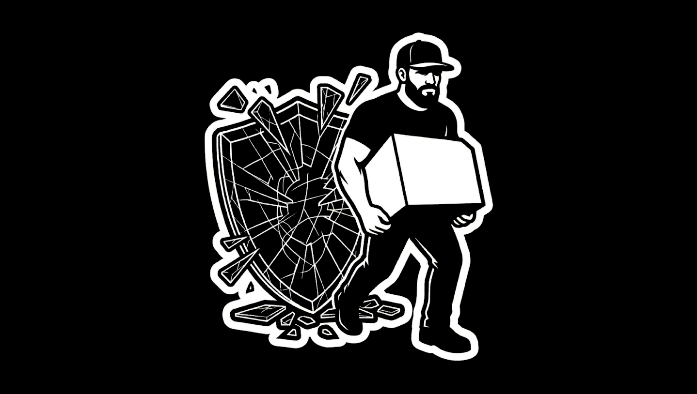 Black-and-white illustration of a person carrying a box while walking away from a shattered shield, symbolizing ownership and resilience under pressure.