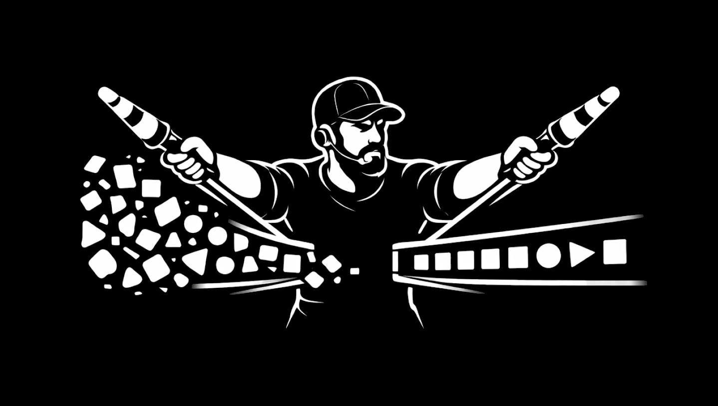 Black-and-white illustration of a bearded operator in a headset with arms extended, levers in each hand: chaotic scattered geometric shapes on one side transform into a neat ordered row on the other, suggesting automation without an explainable thread.