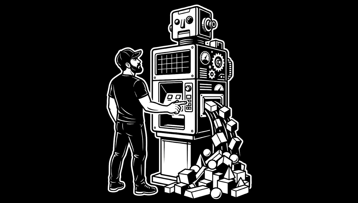 Black-and-white illustration of a bearded man in a baseball cap operating a tall retro machine with a robot head and gauges; geometric blocks pour from a chute into a heap at the base, suggesting vending-machine output rather than guided learning.