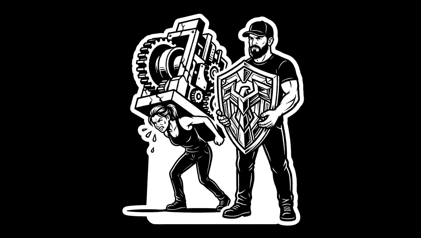 Black-and-white illustration of one exhausted engineer carrying heavy machine gears on their back while another person stands beside them holding a shield.