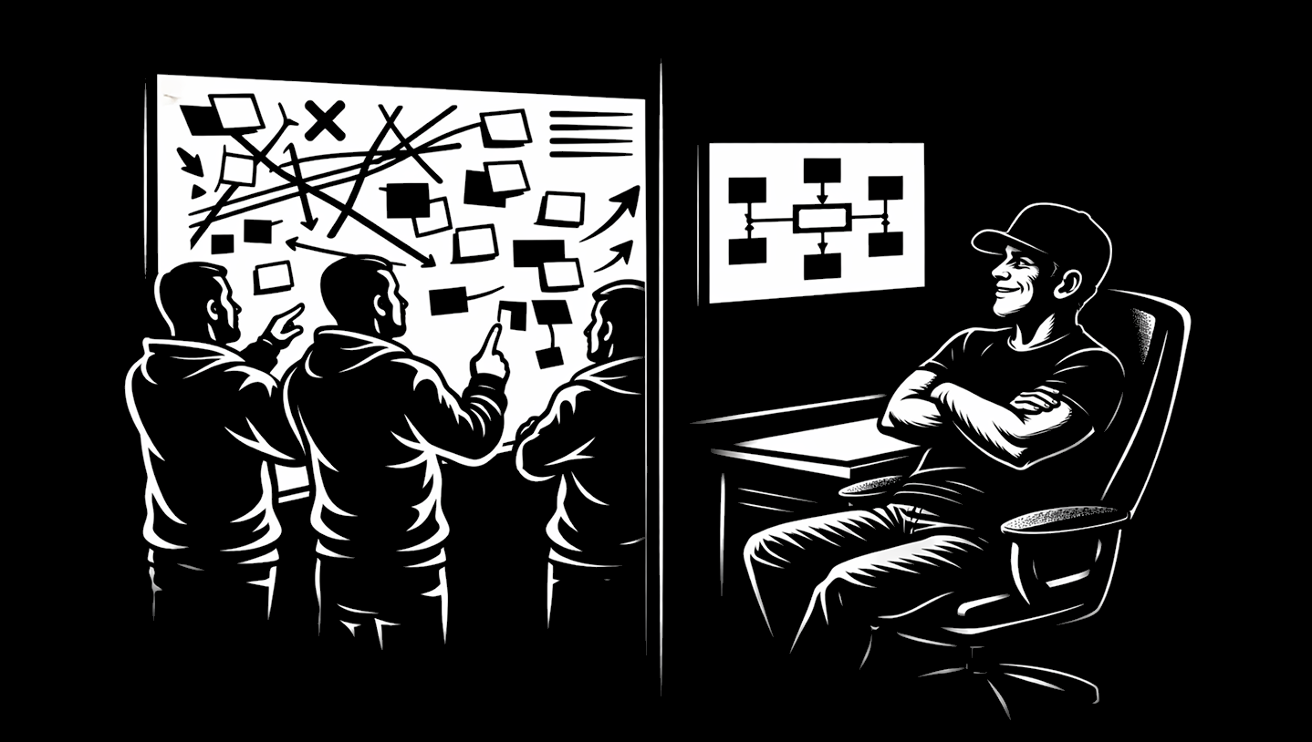 A split-panel illustration: on the left, a group of people huddle around a chaotic whiteboard covered in sticky notes, crossed-out plans, and tangled arrows; on the right, a person sits alone at a desk with arms crossed, smiling at a small, clean diagram on the wall