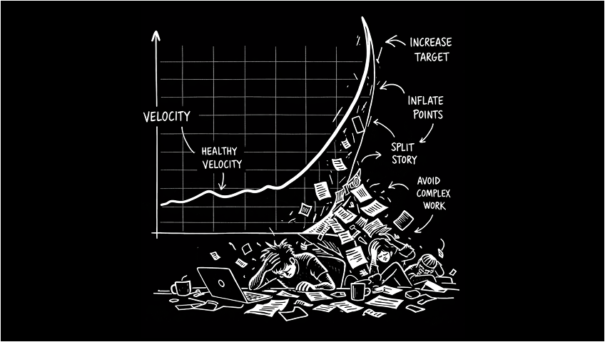 A velocity chart stabilizing over time, illustrated in a minimalist line-art style