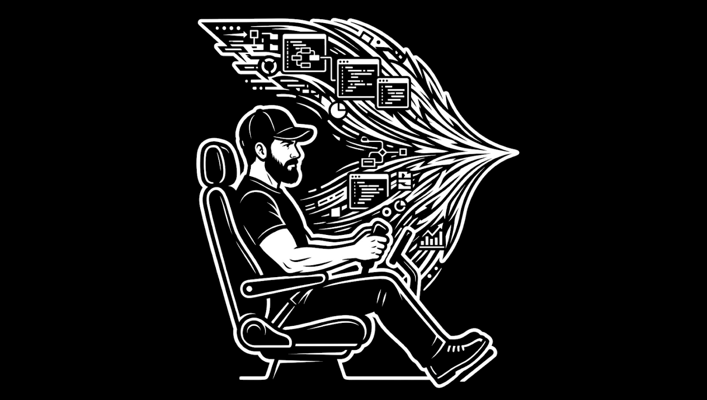 Black-and-white illustration of a bearded man in a baseball cap in a cockpit-style seat, hands on a control yoke, with code panes, flowcharts, and charts fanning out ahead—suggesting steering dense technical work instead of forcing linear focus.