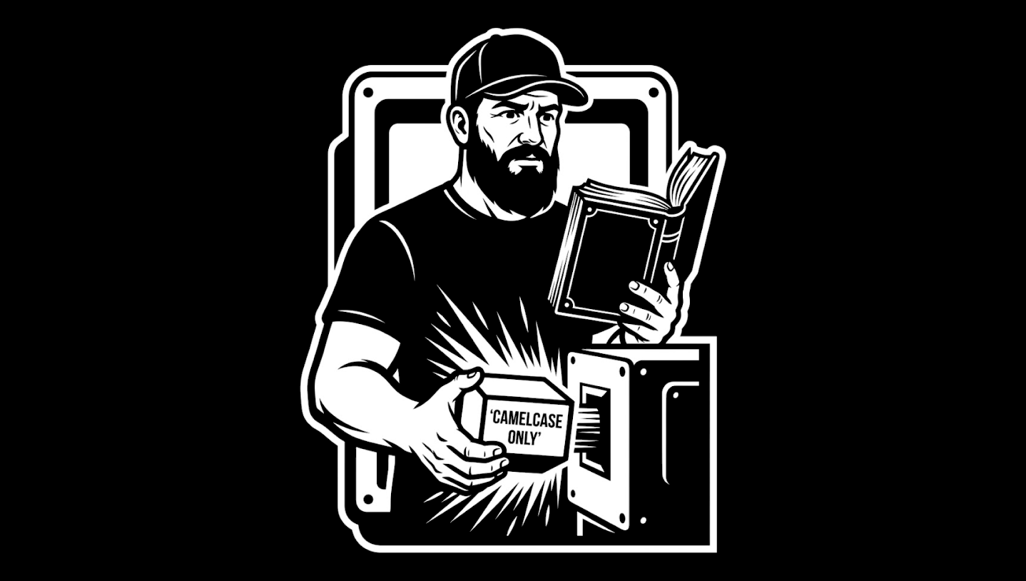 Black-and-white illustration of a bearded man in a cap holding an open book while feeding a glowing box labeled 'CAMELCASE ONLY' into a machine, symbolizing standards being made machine-readable.