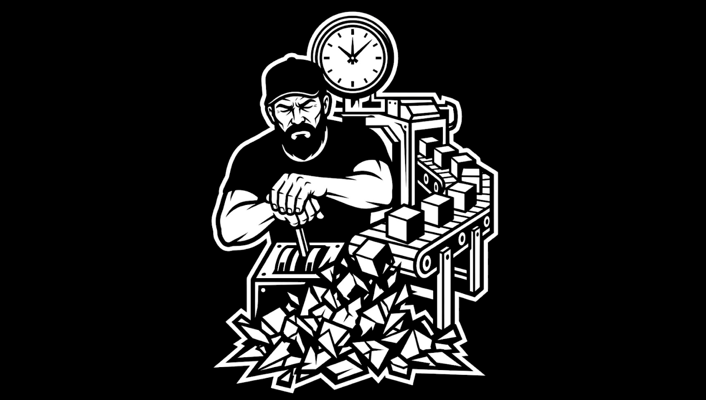 Black-and-white illustration of a bearded operator in a baseball cap facing a mirror; the reflection shows tangled code and a merge control, while he holds an APPROVE stamp, suggesting permission and rushed review before AI sped the same pattern up.