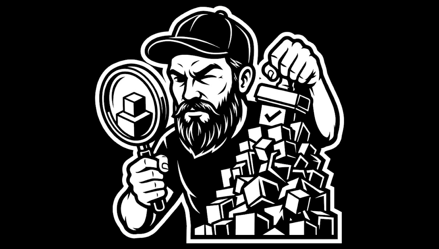 Black-and-white illustration of a bearded man in a baseball cap peering through a magnifying glass at stacked cubes while stamping a checkmark on a cube from a towering pile of cubes.