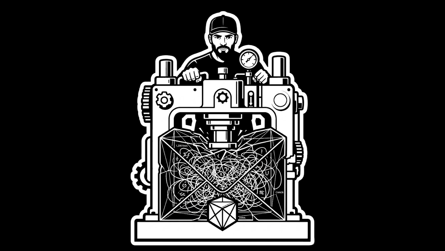 Black-and-white illustration of a bearded operator in a baseball cap at a heavy industrial press, compressing a large envelope stuffed with tangled lines labeled 1,200 lines and CHAOS into a small faceted shape labeled SIGNAL.