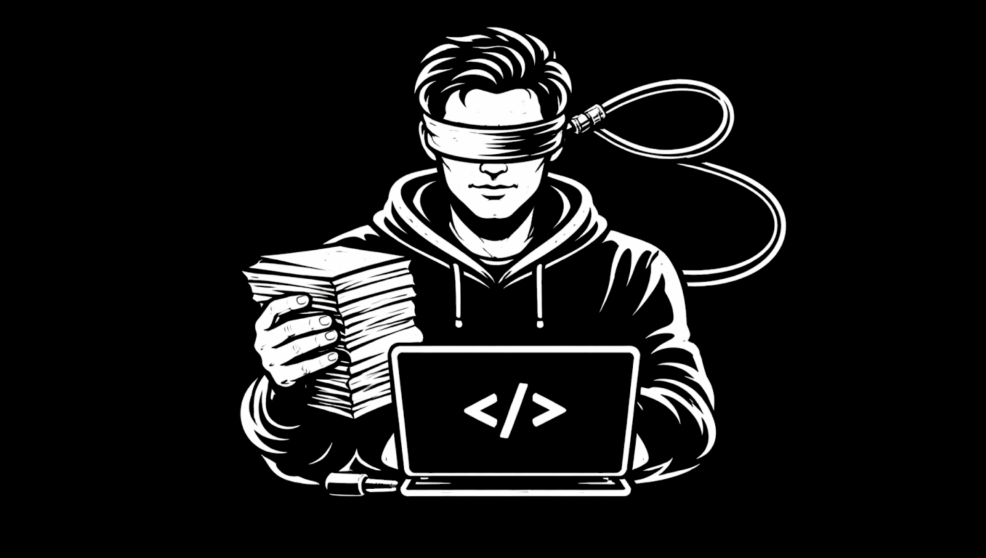 Black and white vector illustration of a person in a hoodie, blindfolded with a data cable plugged into it, holding a thick stack of papers at a laptop whose screen shows a code symbol.
