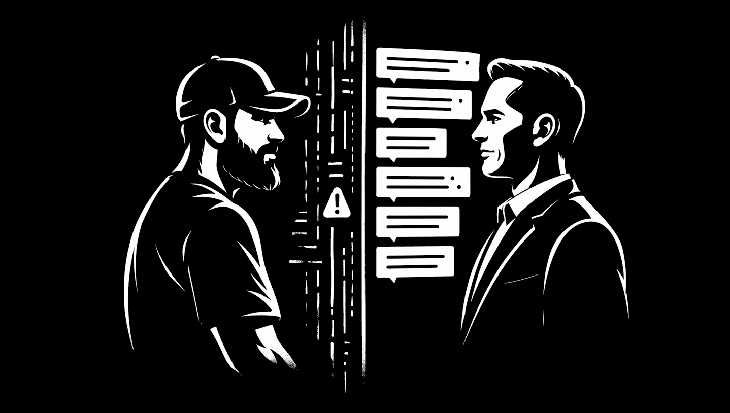 Black-and-white illustration of two men in profile facing each other across a vertical band of falling code; a warning triangle with an exclamation mark sits at the center; stacked chat bubbles appear beside the suited figure.