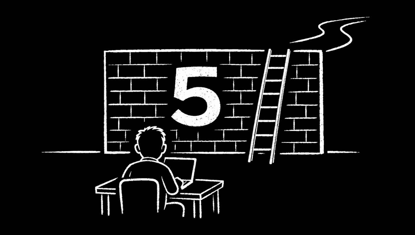 A developer sitting at a laptop, facing a towering brick wall marked with a large "5", a ladder leans against the wall with a winding path visible on the other side, illustrated in minimalist black and white line-art