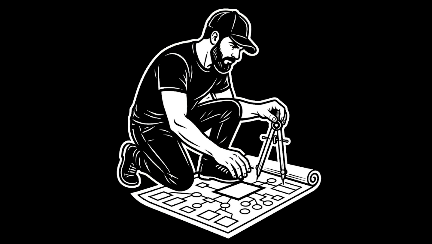 Black-and-white illustration of a bearded man in a baseball cap kneeling on the floor, steadying a large schematic flowchart with one hand and marking it with drafting compasses in the other.