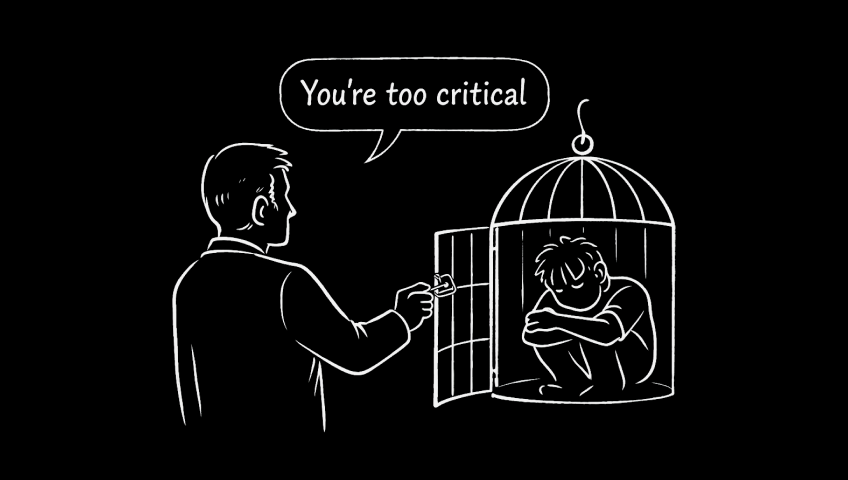 A illustration of a manager putting their employee in a cage