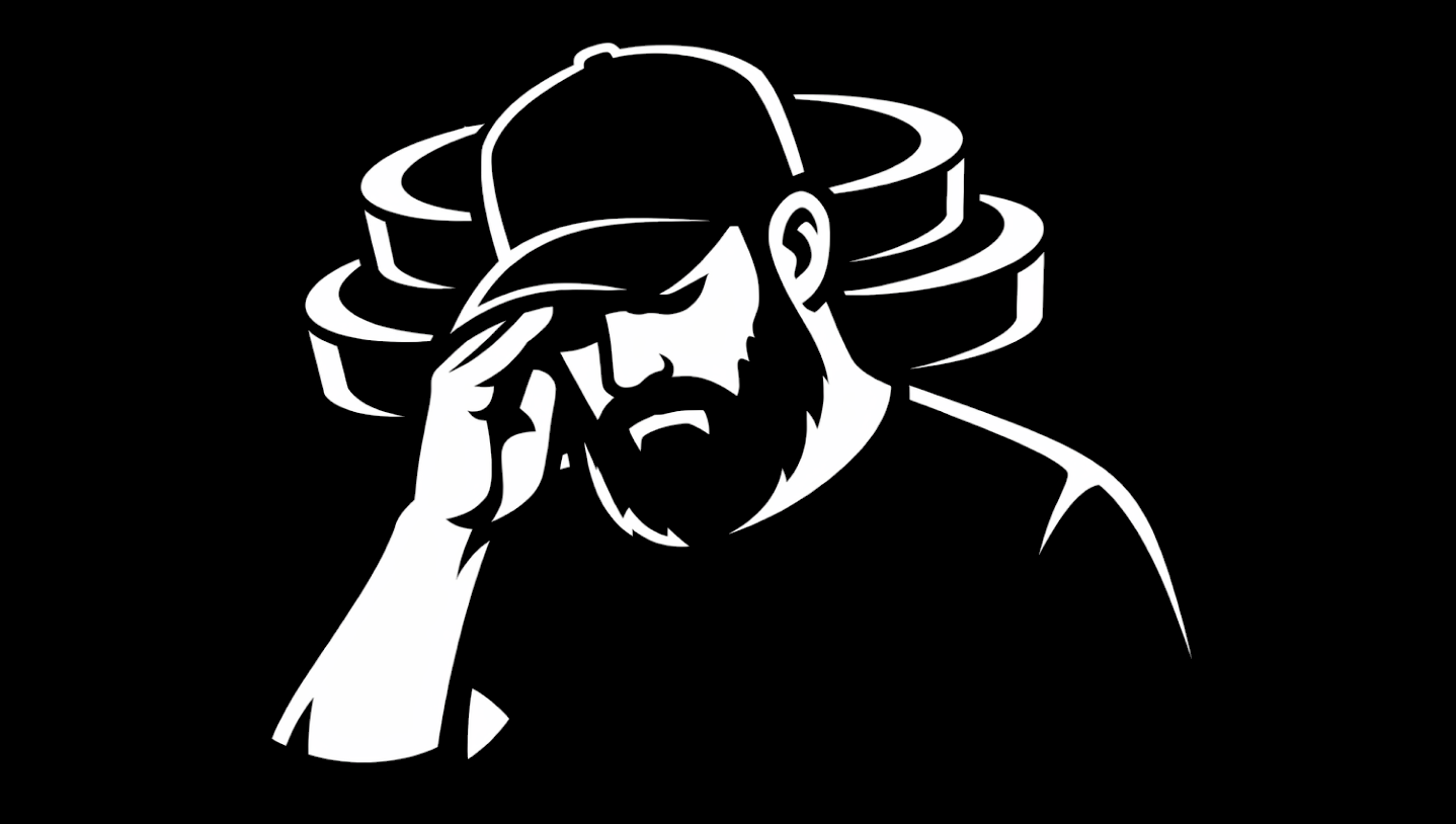 Black-and-white illustration of a bearded man in a baseball cap, hand on the brim, looking down, with stacked weight plates behind his head like a halo, suggesting the weight of judgment.