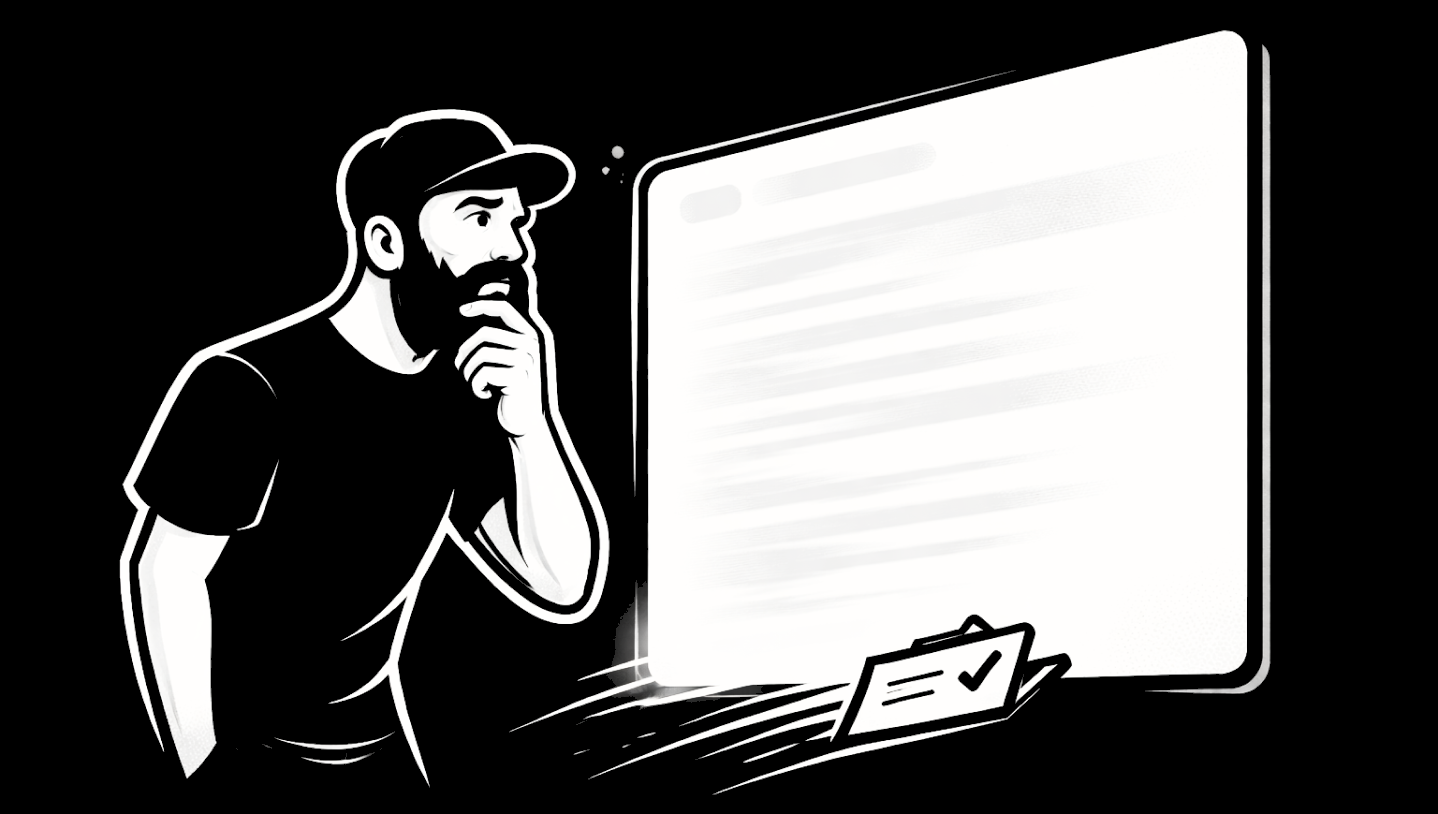 Black-and-white illustration of a bearded man in a cap, hand on chin, studying a large bright screen of blurred code; a small checked task icon sits below the screen on a black field.