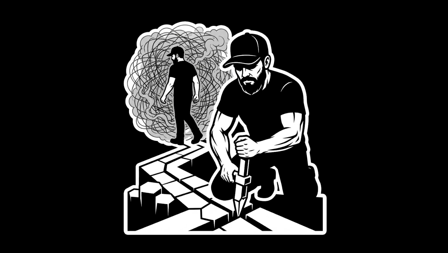 Black-and-white illustration of a leader carving a clear path through broken blocks while another person stands before a chaotic scribble cloud.