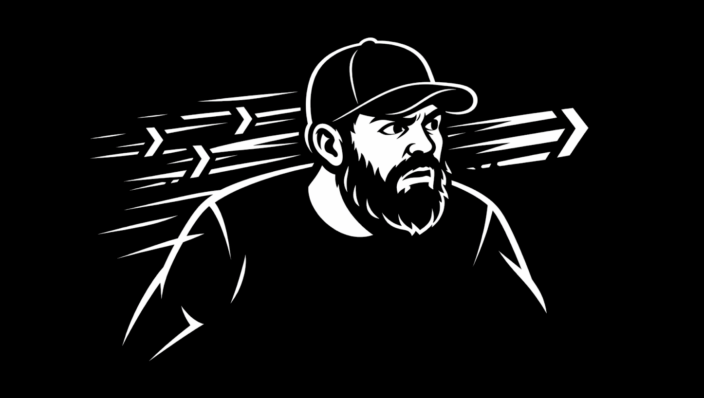 Black-and-white illustration of a bearded man in a baseball cap with horizontal speed lines and arrows pointing right, conveying rapid motion and urgency.