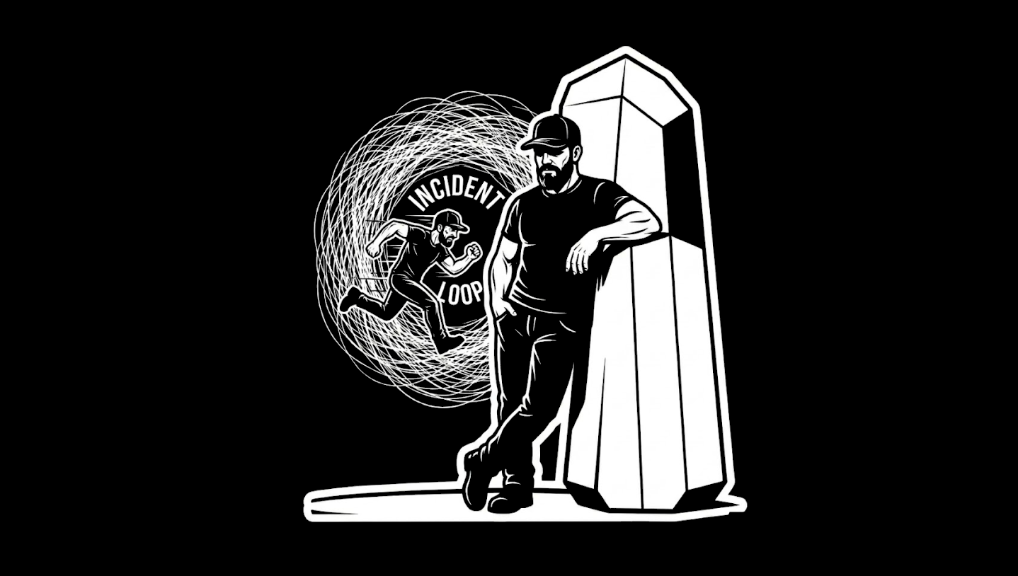 Black-and-white illustration of a leader leaning against a tall pillar while another figure runs in circles inside a scribbled loop labeled incident loop.