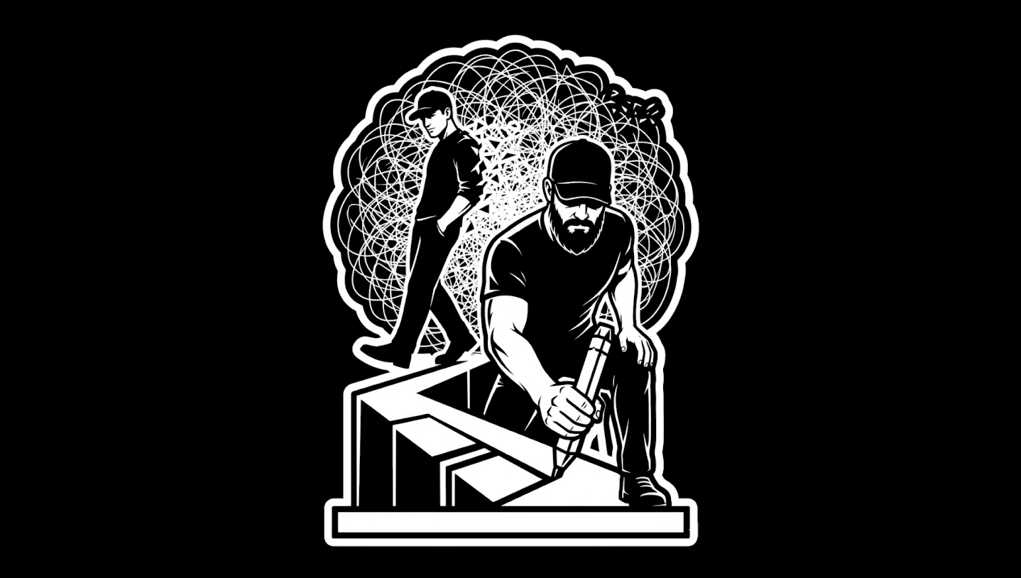 Black-and-white illustration of a coach-like leader carving steps into a path while another person stands in front of a tangled scribble backdrop.