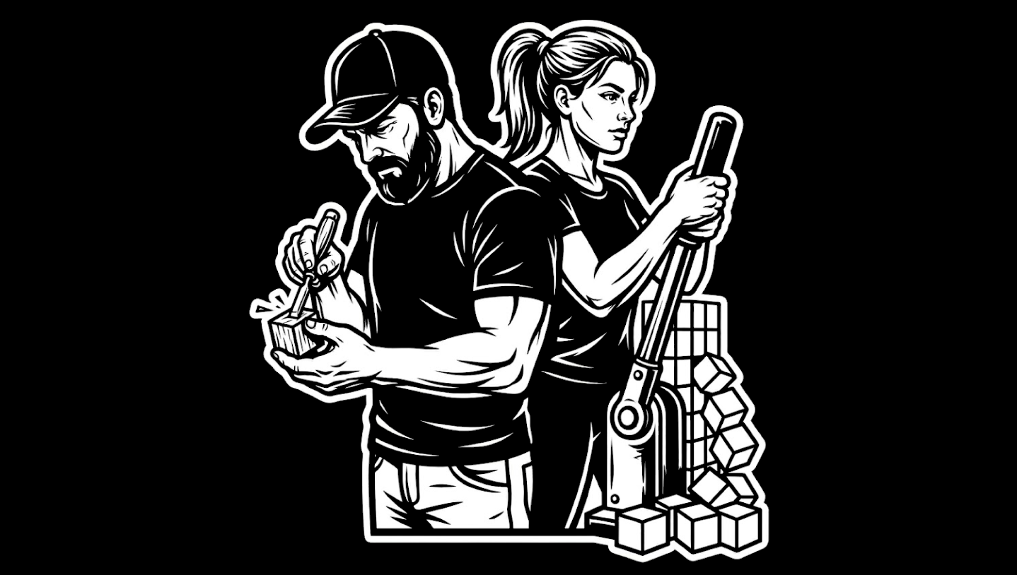 Black-and-white illustration of a bearded operator in a baseball cap conducting with one hand while code streams and small agent-like nodes orbit him, suggesting craft evolving into orchestration and leverage beyond typing lines.