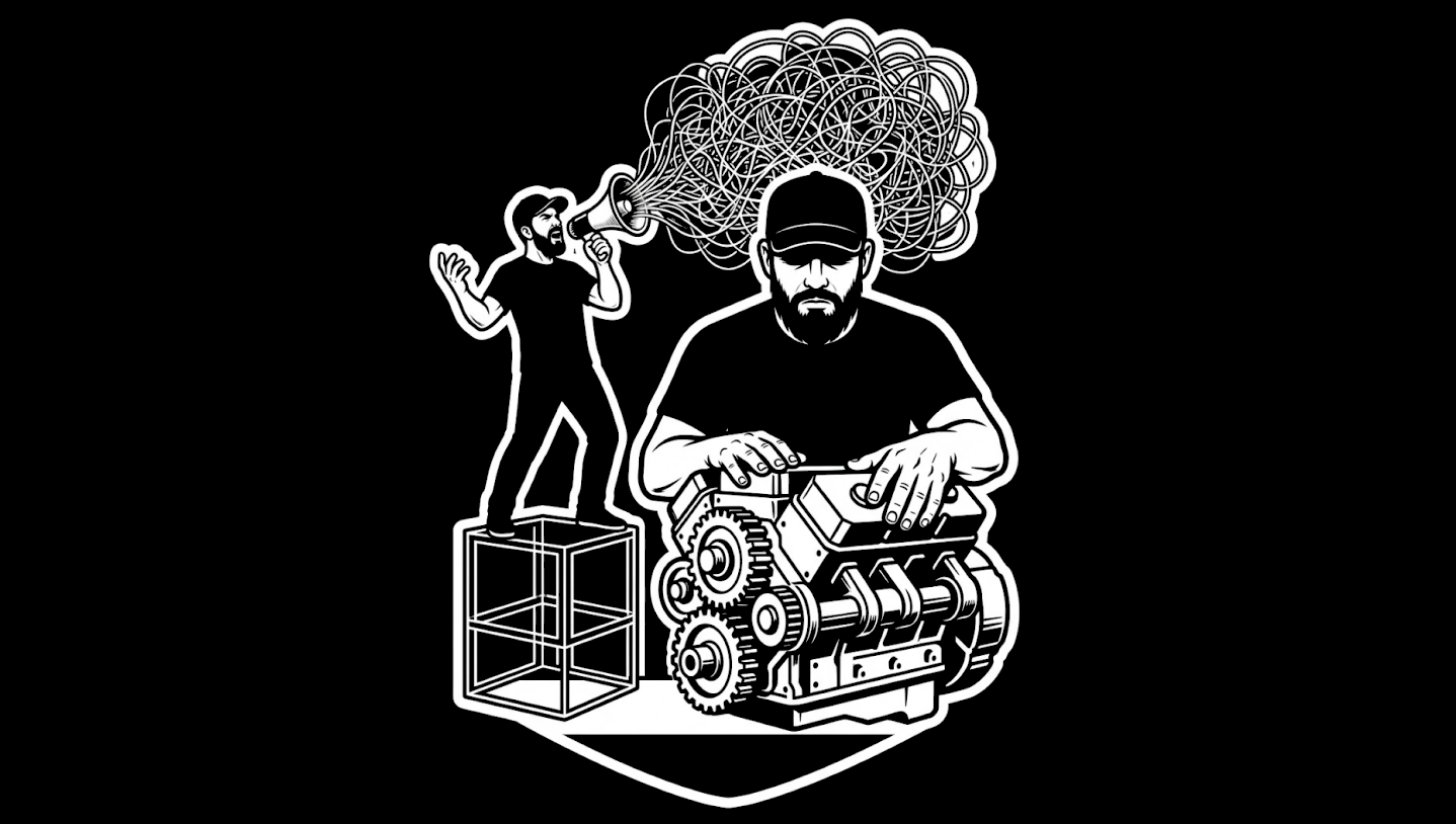 Black-and-white illustration of one person speaking into a megaphone that turns into a scribble cloud while another person quietly works on an exposed engine.